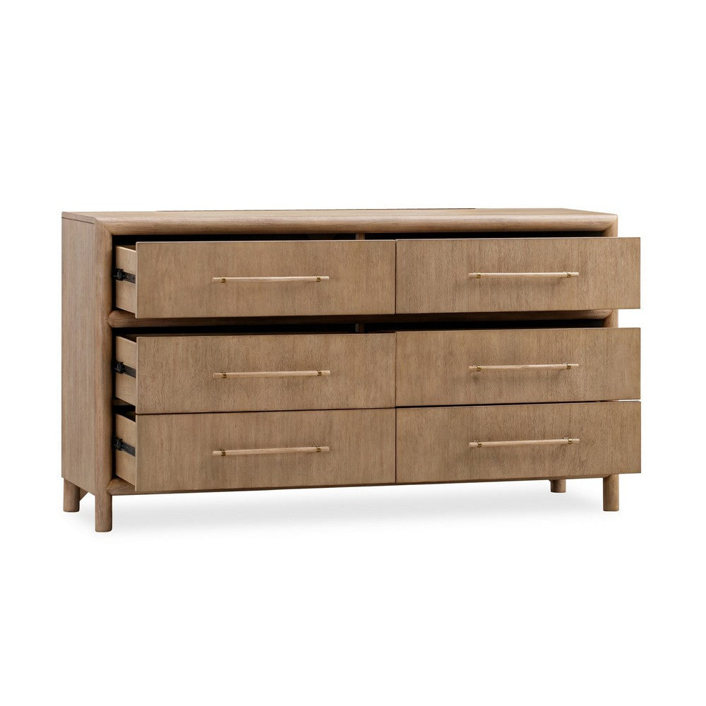 Dory 66 Inch Dresser 6 Drawers Bar Handles Wire Brushed Brown Wood BM309103