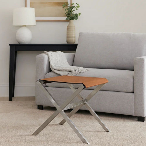 Rux 22 Inch Stool with Steel Crossed Legs and Faux Leather Seat, Brown