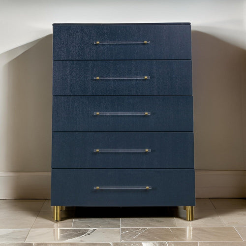 Herst 54 Inch Tall Dresser Chest, 5 Drawers, Acrylic Bar Handles, Blue Wood