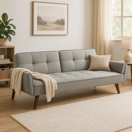 Kori 84 Inch Sofa Futon Bed with Tufted Back, Angled Legs, Gray Fabric By Casagear Home
