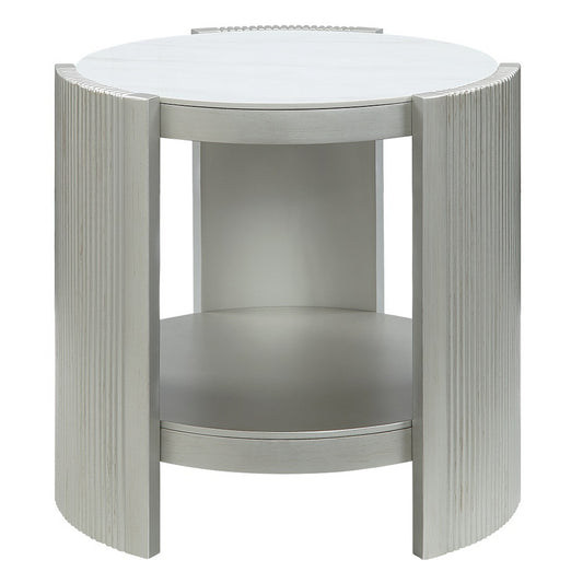 Kyna 26 Inch Side End Table, Modern Sintered Top, 1 Shelf, Round, Champagne Silver By Casagear Home