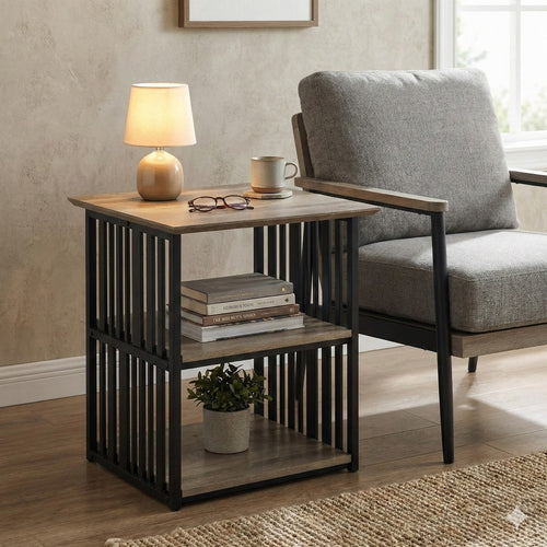 Nori 23 Inch Nightstand, 2 Shelves, Metal Base, MDF, Antique Oak and Black By Casagear Home