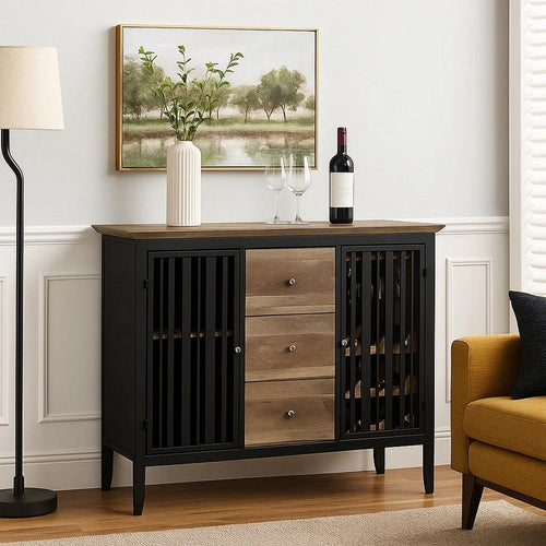 Nori 47 Inch Sideboard Buffet, 3 Drawers, Antique Oak Brown and Black By Casagear Home