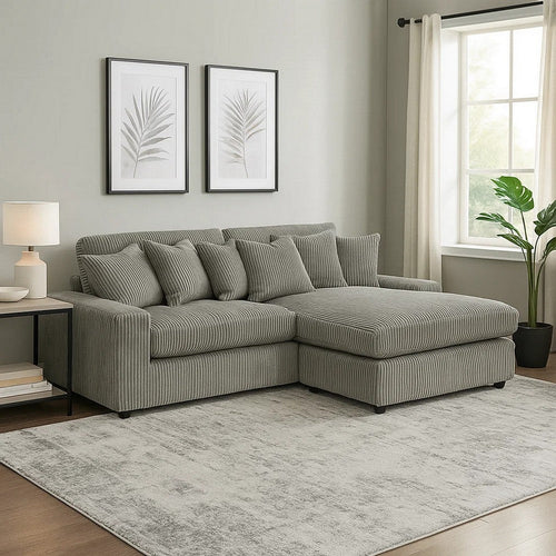 84 Inch Sectional Sofa, 6 Pillows, L Shape, Corduroy Upholstery, Gray By Casagear Home
