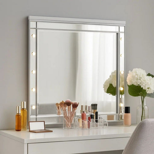 Lee 37 x 40 Vanity Mirror, 10 Light Bulb Sockets, Modern White Wood Frame By Casagear Home