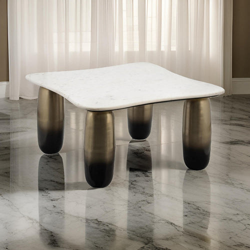 30 Inch Coffee Table, Square White Marble Top, Cylindrical Gold Metal Base By Casagear Home