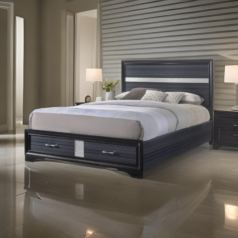 Nae Queen Size Bed, Rubberwood, Gray, Textured, Shimmery Acrylic Trim By Casagear Home