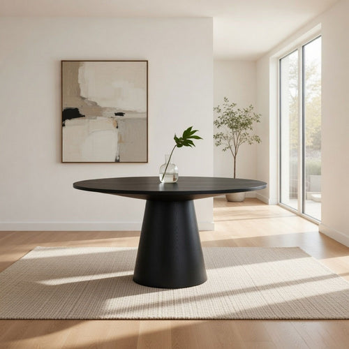 Fin 59 Inch Dining Table, Round Surface, Pedestal Base, Rubberwood, Black By Casagear Home