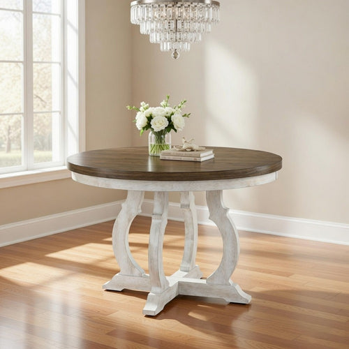 Siki 47 Inch Dining Table, Round Top, Rubberwood, Walnut and Antique White By Casagear Home
