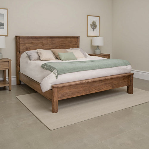 Olum Queen Size Bed, Mango Wood, Grain Details, Rounded Edges, Rustic Brown By Casagear Home