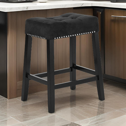 Jordan 26 Inch Counter Height Stool, Set of 2, Saddle Seat, Black Leather and Wood By Casagear Home