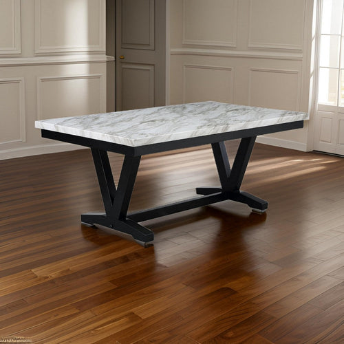 Oliver 72 Inch Dining Table With Faux Carrara Marble Top, White and Black By Casagear Home