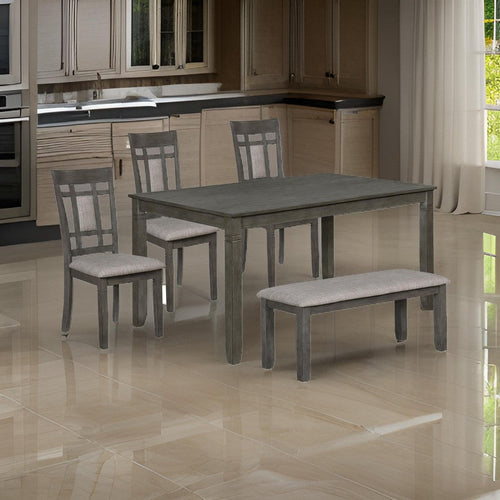Lexie 6 Piece Dinette Set, 4 Chairs, 1 Table, Bench, Gray Wood and Fabric By Casagear Home
