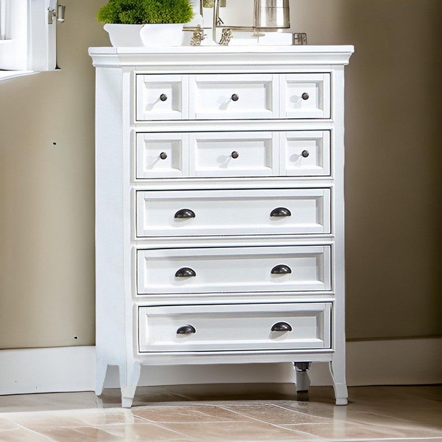 Benjara BM310941 50 in. Lile Tall Chest 6 Drawer Crown Molding Solid Wood Dresser, White Benjara BM310941 50 in. Lile Tall Chest 6 Drawer Crown Molding Solid Wood Dresser, White