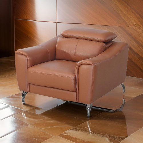Reno Mave 42 Inch Chair, Metal Legs, Cognac Brown Leather Upholstery Chrome By Casagear Home