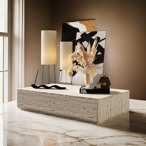 Lia 55 Inch Coffee Table, Rectangular Travertine Stone Finish Laminated Top By Casagear Home