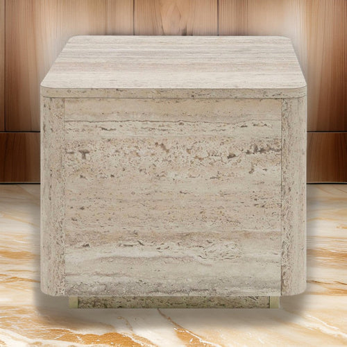 Lia 20 Inch End Table, Square Travertine Stone Finish Laminated Top By Casagear Home