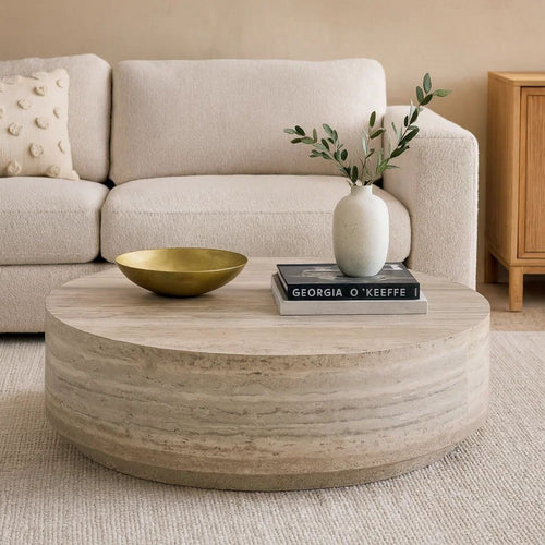 Lia 39 Inch Coffee Table, Round Travertine Stone Finish Laminated Top By Casagear Home