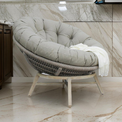 43 Inch Outdoor Lounge Chair, Acacia Wood, Rope Frame, Gray, Brown Finish By Casagear Home