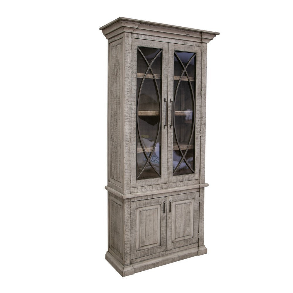 Miln 87 Inch Cabinet Pine Wood Weathered Gray 4 Doors Metal Handles BM311222