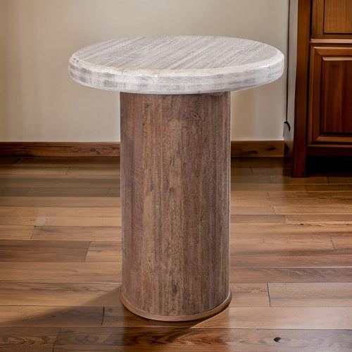 Kohl 26 Inch Side End Table, Brown Mango Wood, Drum Base, Cream Floated Top By Casagear Home