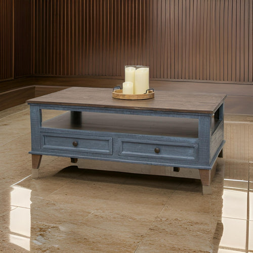 Rozy 50 Inch Coffee Table, Pine Wood, 4 Drawers, Open Shelf, Brown, Blue By Casagear Home