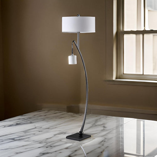 Jiya 59 Inch Arc Floor Lamp, Hanging Design, 2 White Drum Shades, Black By Casagear Home