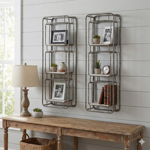 36 Inch Shelves Set of 2, 3 Tier Design, Iron Frame, Wood, Gray Finish By Casagear Home