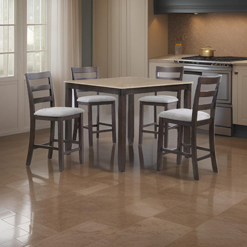 Cameron 5 Piece Set Counter Height Dining Table, Chairs, Brown, Gray Fabric By Casagear Home