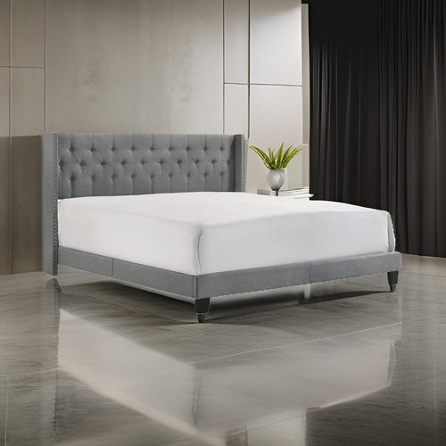 Lih California King Bed, Wingback Tufted Headboard, Wood Legs, Gray By Casagear Home