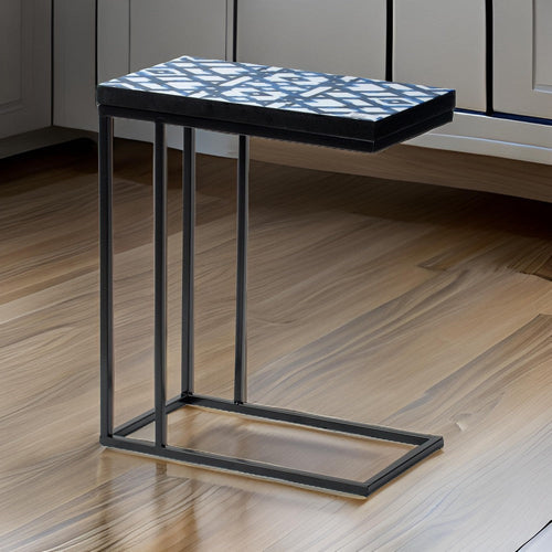24 Inch Side Table, C Shaped, Indigo Patterned Top, Iron Frame, Black By Casagear Home