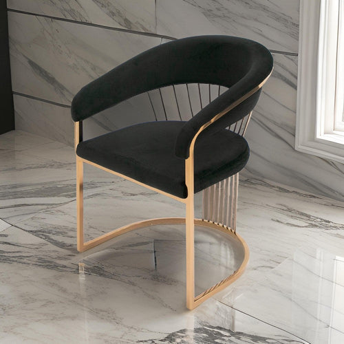25 Inch Rose Gold Dining Chair, Plush Cushion, Metal Legs, Black Velvet By Casagear Home