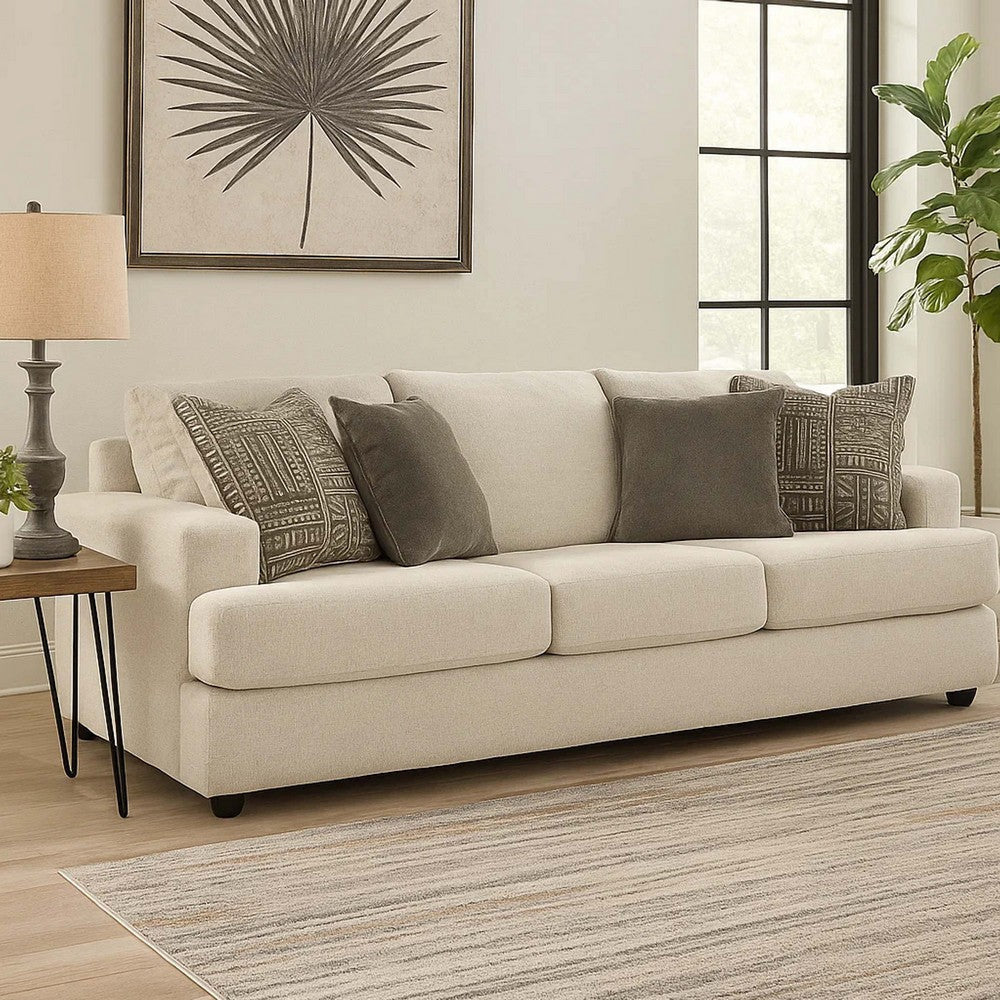 Benjara Tren 96 inch Sofa with 4 Jacquard Pillows, Soft Beige Chenille Polyester, image size:1000x1000