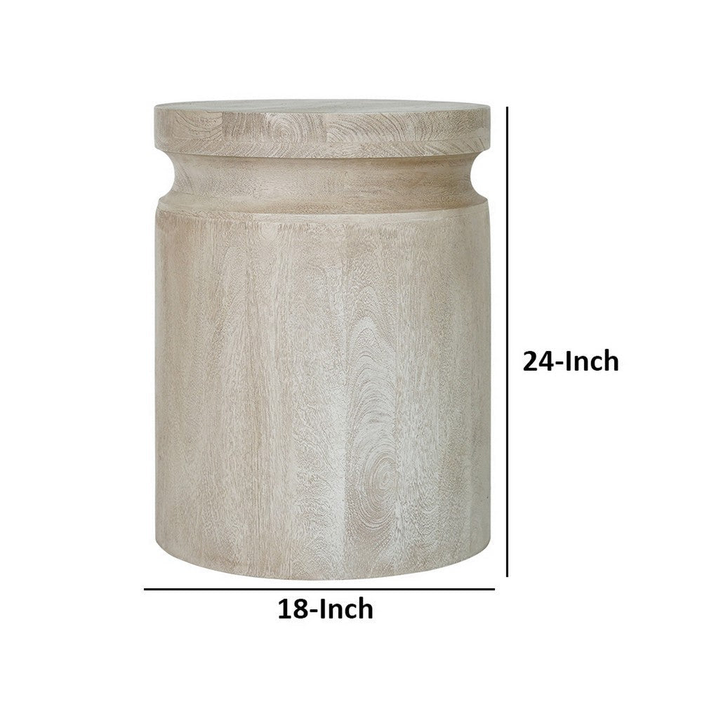 Kiv 24 Inch Side End Table Round Mango Wood Top Carved Accent Base Cream BM312086