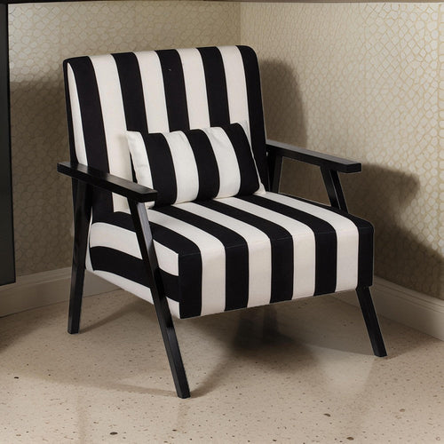 32 Inch Accent Armchair with Throw Pillow, Black White Polyester Stripes By Casagear Home