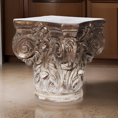 18 Inch Corinthian Cap Pedestal, 2 Tone Gold and White Finished Magnesium By Casagear Home