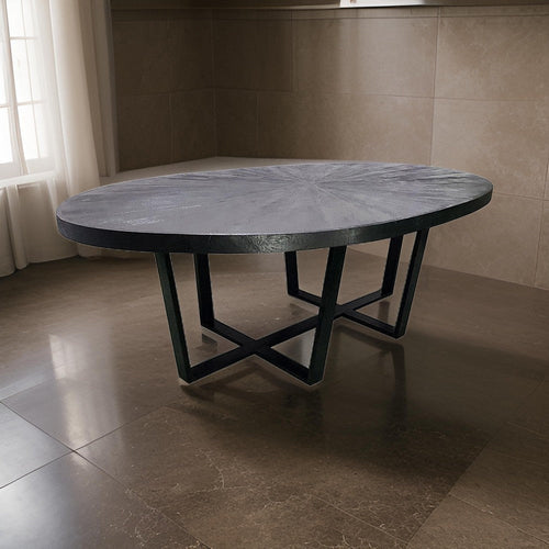 Raj 91 Inch Round Dining Table, Cross Legs Design, Black Acacia Wood, Iron By Casagear Home