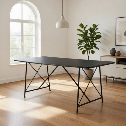 79 Inch Dining Table, Black Rectangular Top, Sleek X Shaped Iron Legs By Casagear Home