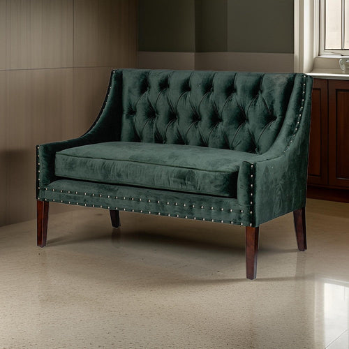 52 Inch Loveseat Settee, Tufted Backrest, Emerald Green Linen, Rubberwood By Casagear Home