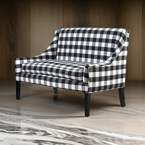 52 Inch Loveseat Settee, Black and White Plaid Gingham Linen, Plush Foam By Casagear Home