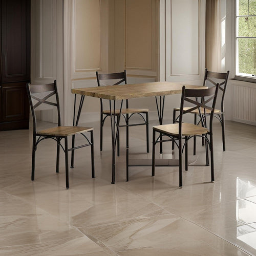 Leba 5 Piece Dining Table Set, 4 Chairs, Brown Wood Seat, Bronze Metal Legs By Casagear Home