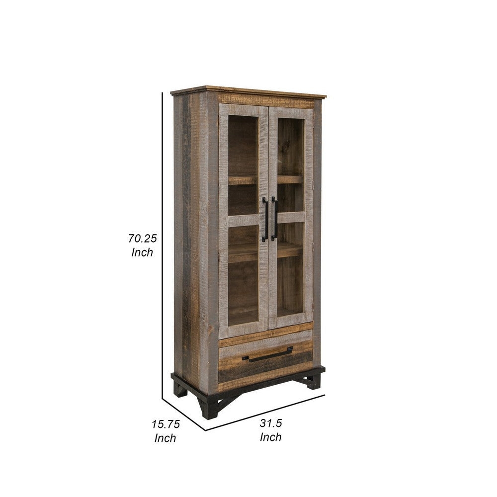 Pola 70 Inch Tall Cabinet 1 Drawer 2 Glass Doors Solid Rustic Brown Wood By Casagear Home BM312211