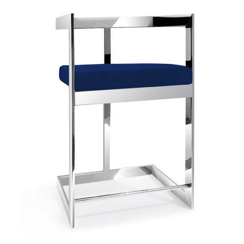Pio 30 Inch Barstool Chair, Blue Velvet Padded Seat, Chrome Metal Finish By Casagear Home