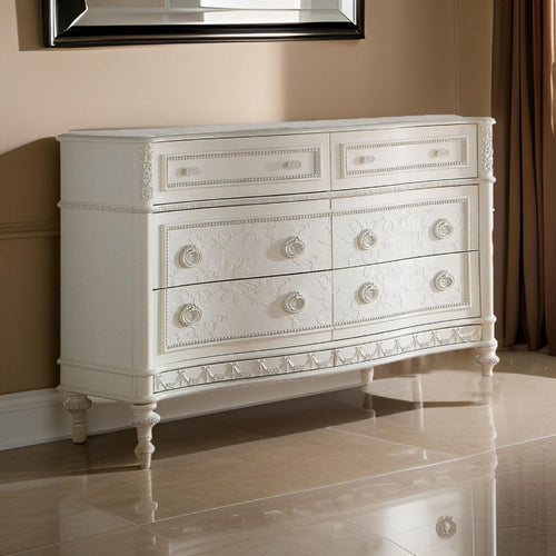 Dorie 54 Inch Wide Dresser, 6 Drawers, Oval Molded Trim, Ivory White Wood By Casagear Home