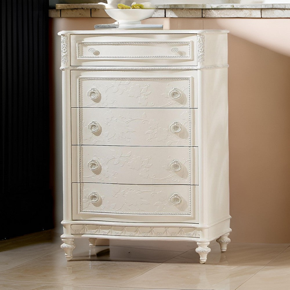 Dorie 52 inch Tall Dresser Chest, 5 Drawers, Molded Trim, Ivory White Wood - 5-Drawer Dorie 52 inch Tall Dresser Chest, 5 Drawers, Molded Trim, Ivory White Wood - 5-Drawer