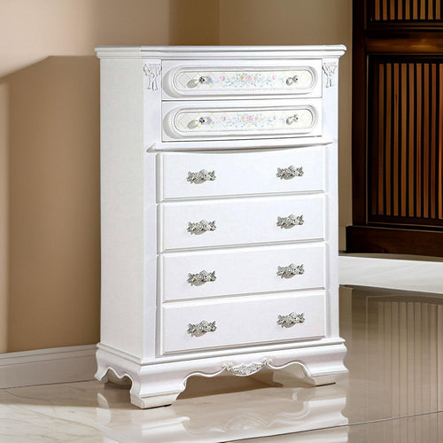 Auri 52 Inch Tall Dresser Chest, 5 Drawers, Crown Molding, White Wood