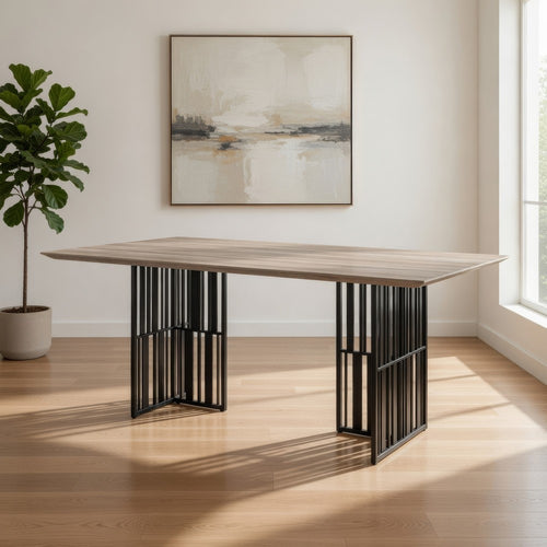 Nori 72 Inch Dining Table, Distressed Brown Top, Black Metal Slatted Base By Casagear Home