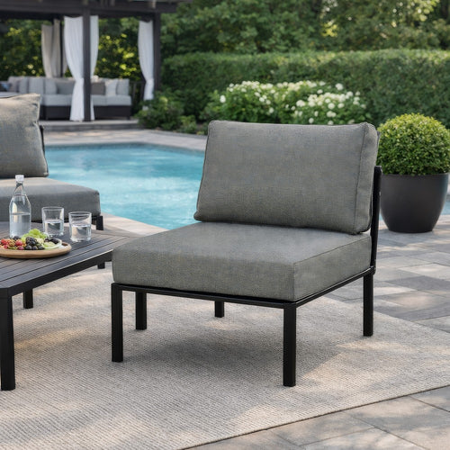 Rain 33 Inch Patio Side Chair, Armless, Sectional, Black Metal, Gray Fabric By Casagear Home