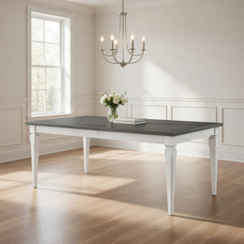Kate 72-90 Inch Dining Table, Gray Extendable Rectangular Top, White Wood By Casagear Home