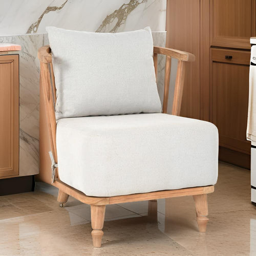 30 Inch Outdoor Accent Chair, White Olefin Upholstery, Cushion, Teak Wood By Casagear Home